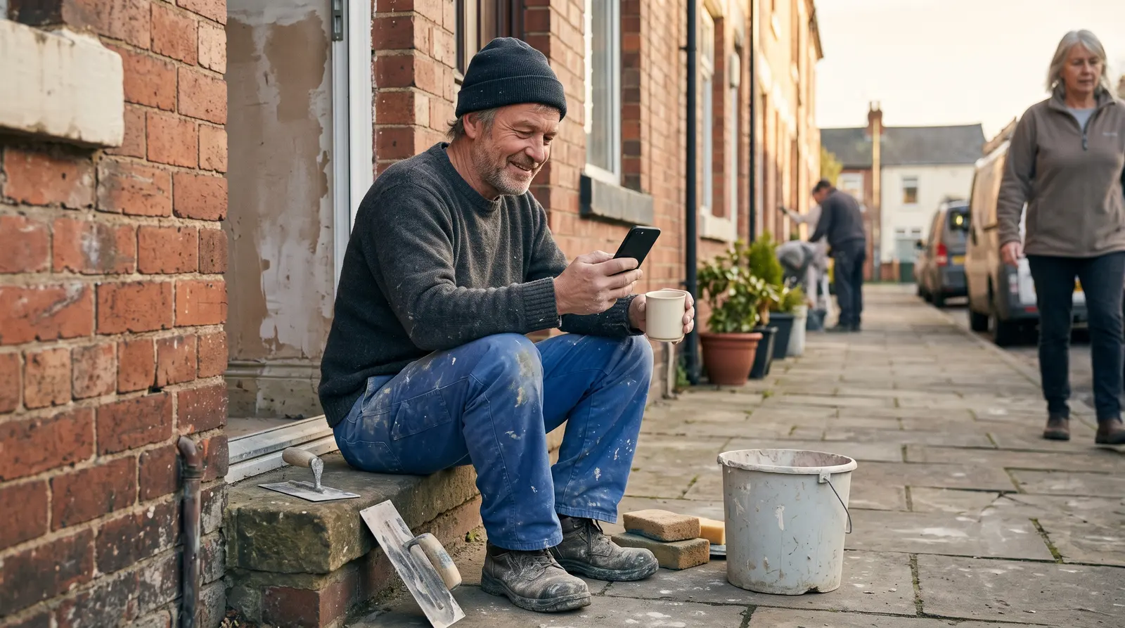 A plasterer on a break checking his phone, a trowel and hawk beside him, screen not visible