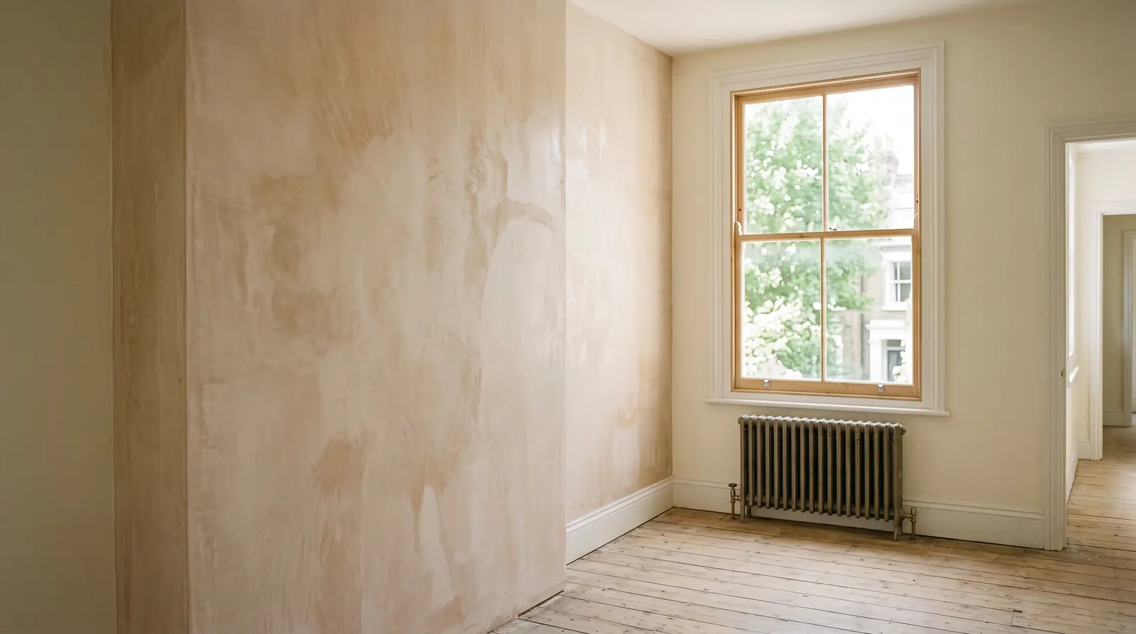 A freshly skimmed wall drying to a smooth, even finish in warm light, nobody in the picture