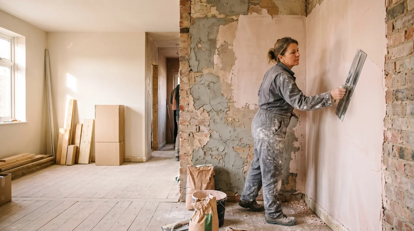 A plasterer skimming a wall smooth with a trowel in a bright UK room being refurbished