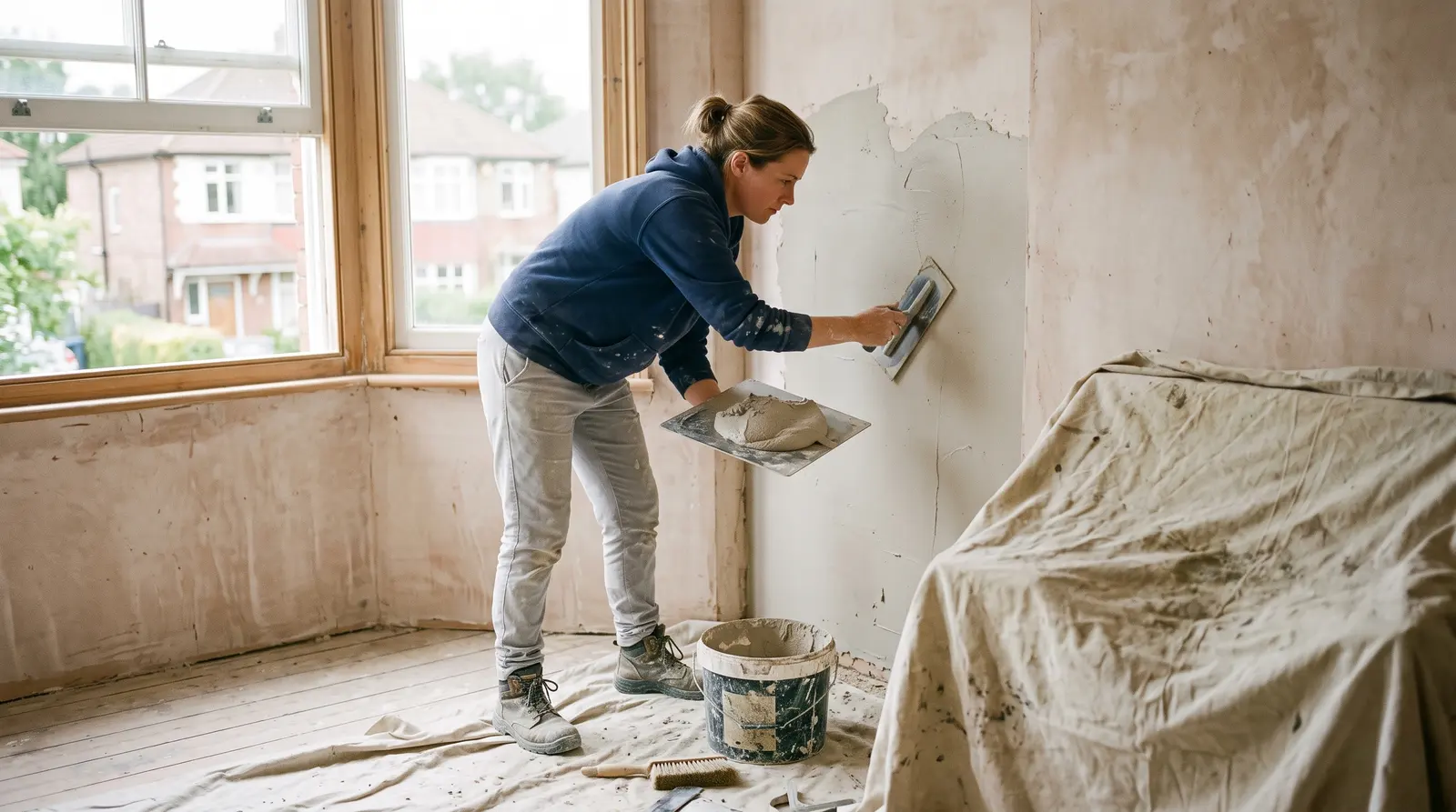 A plasterer working a fresh coat of plaster flat across a ceiling, trowel and hawk in hand