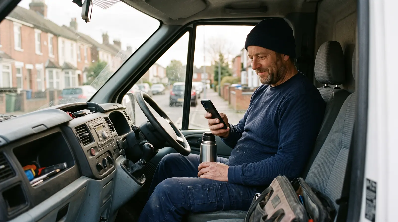 A plumber checking his phone in the van between jobs