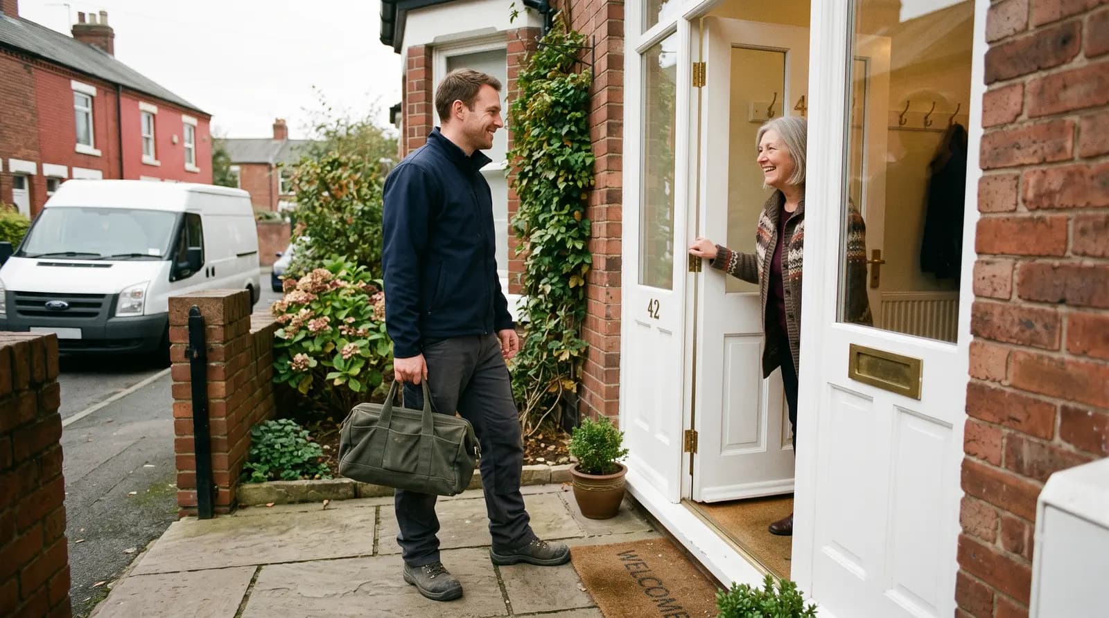 A plumber arriving at a front door with a toolbag, ready for the job