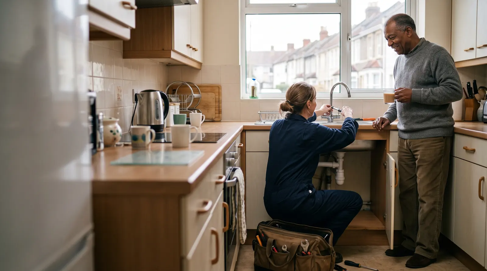 A plumber fixing a kitchen tap for a homeowner, both pleased with the work