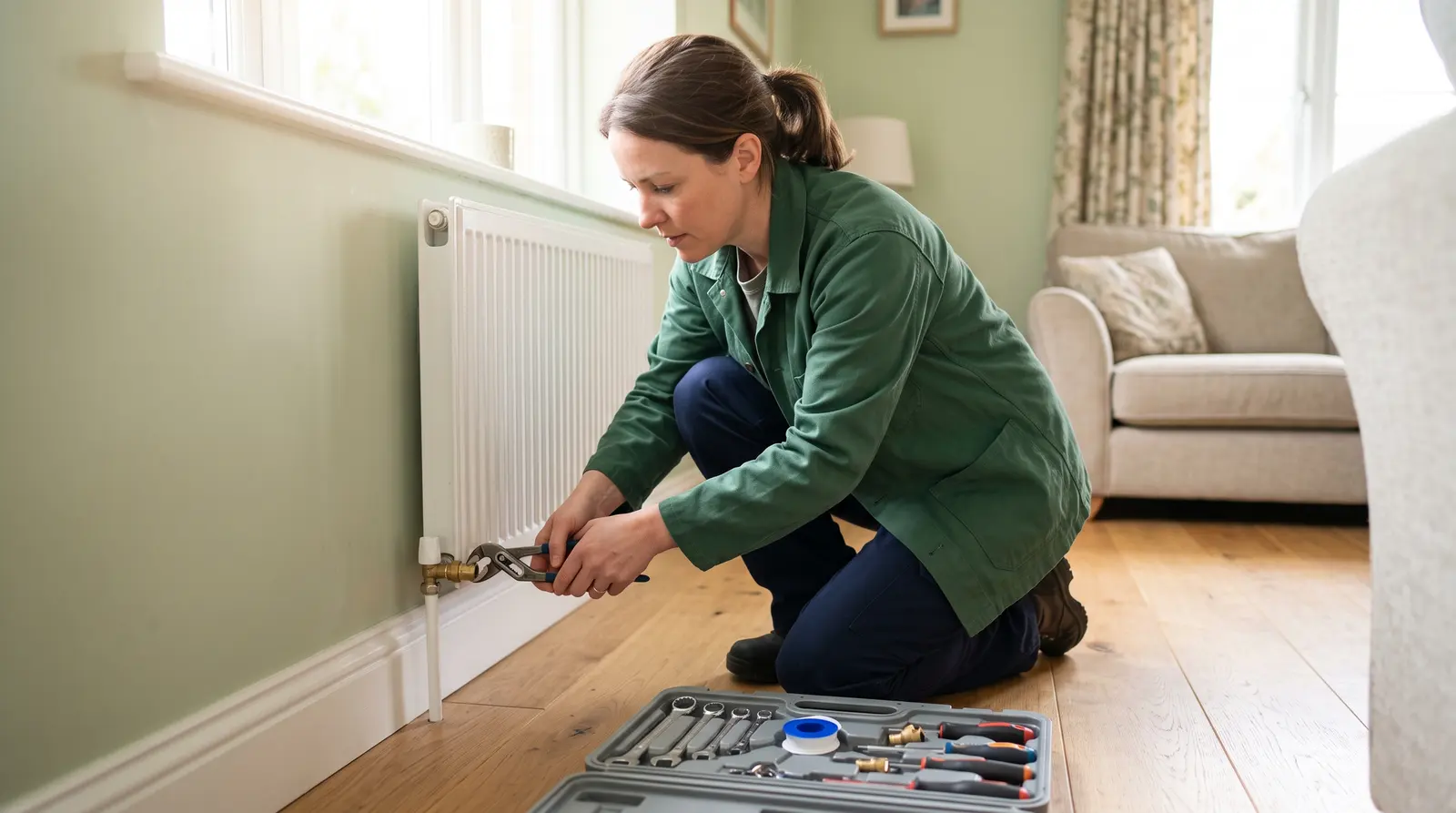 A plumber working on pipework under a sink, focused on the job