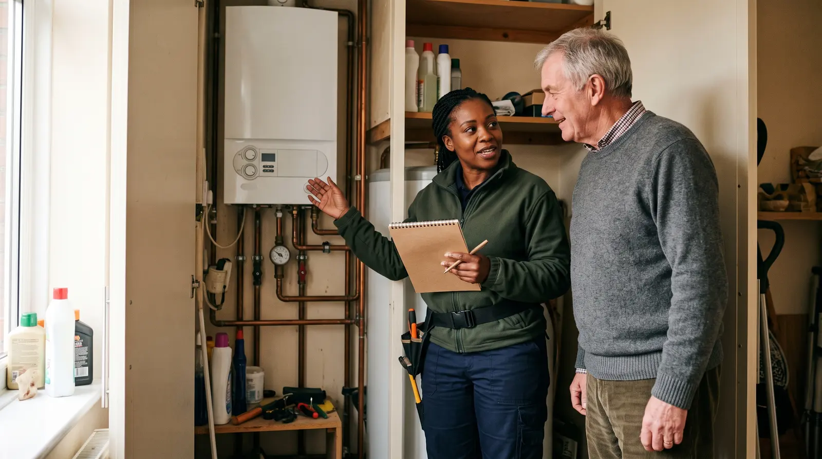 A plumber discussing a job with a homeowner and making notes