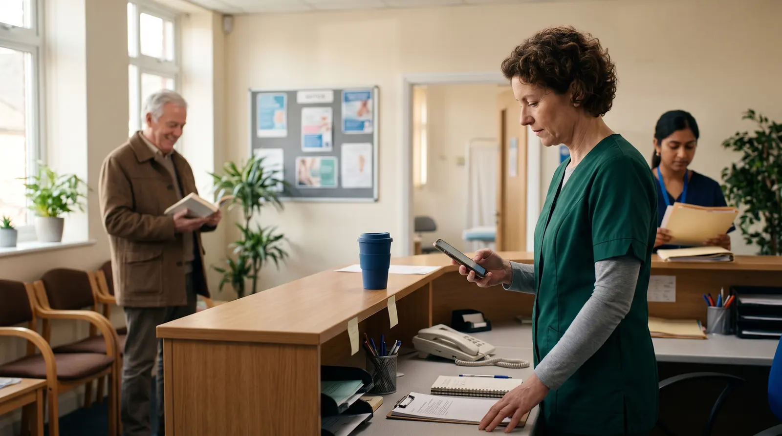 A podiatrist at a tidy desk between clients, checking the phone