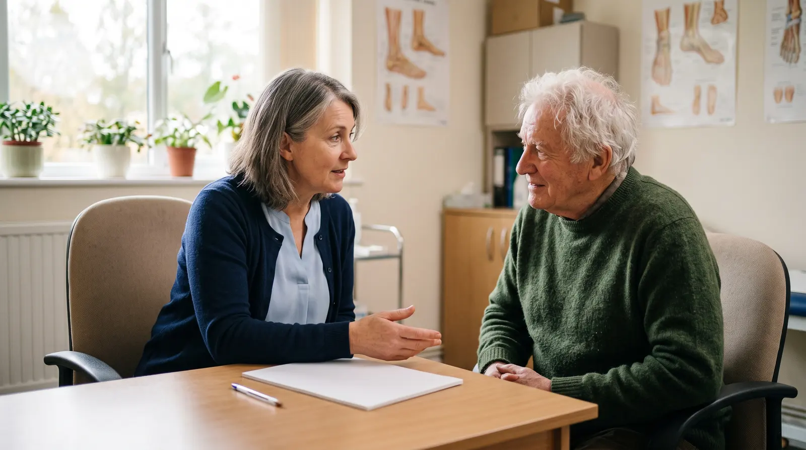 A podiatrist talking through an assessment with a new client at a small table