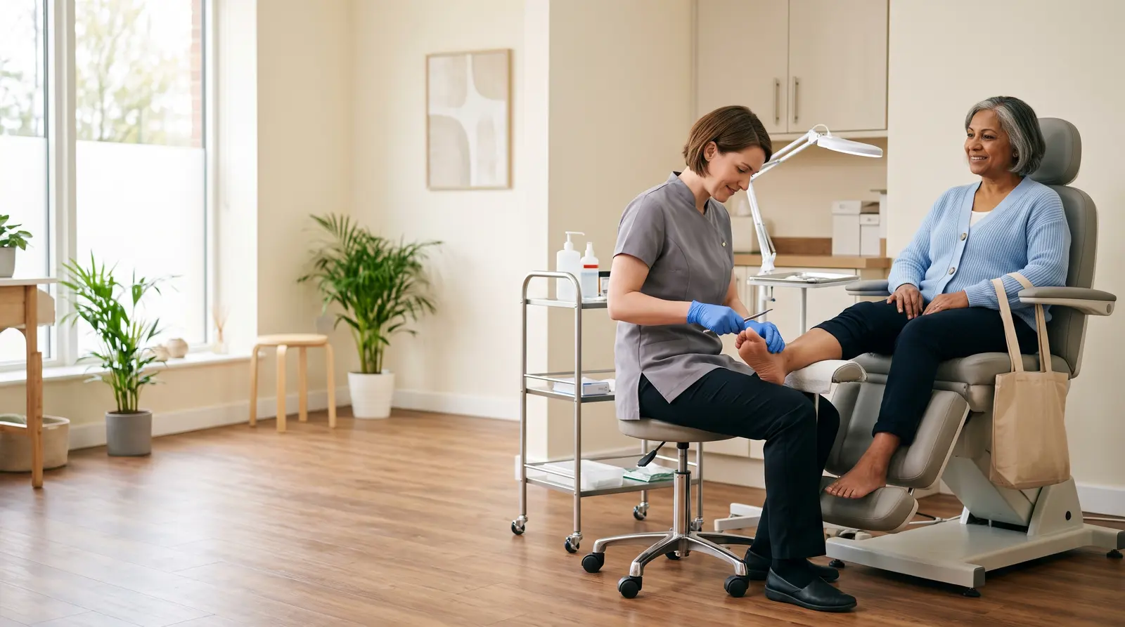A podiatrist tending to a client’s foot on a treatment chair in a calm, bright clinic room