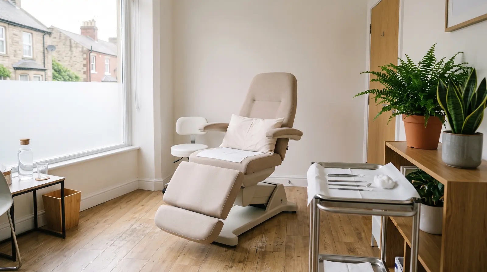 A podiatrist at work tending to a client’s foot in a bright clinic room