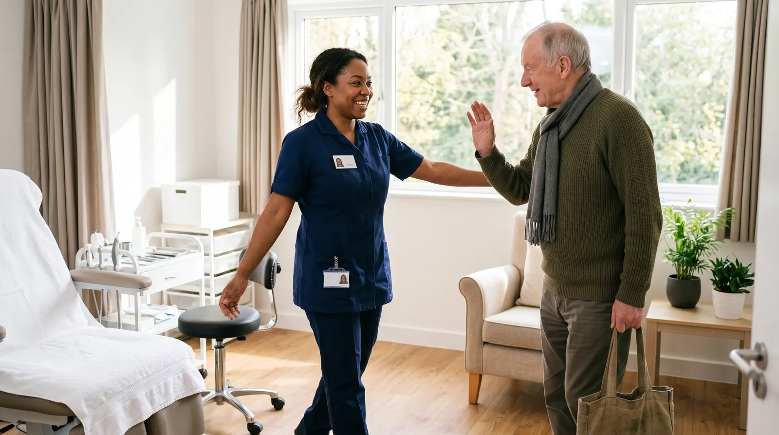 A podiatrist welcoming a returning client into a bright clinic room