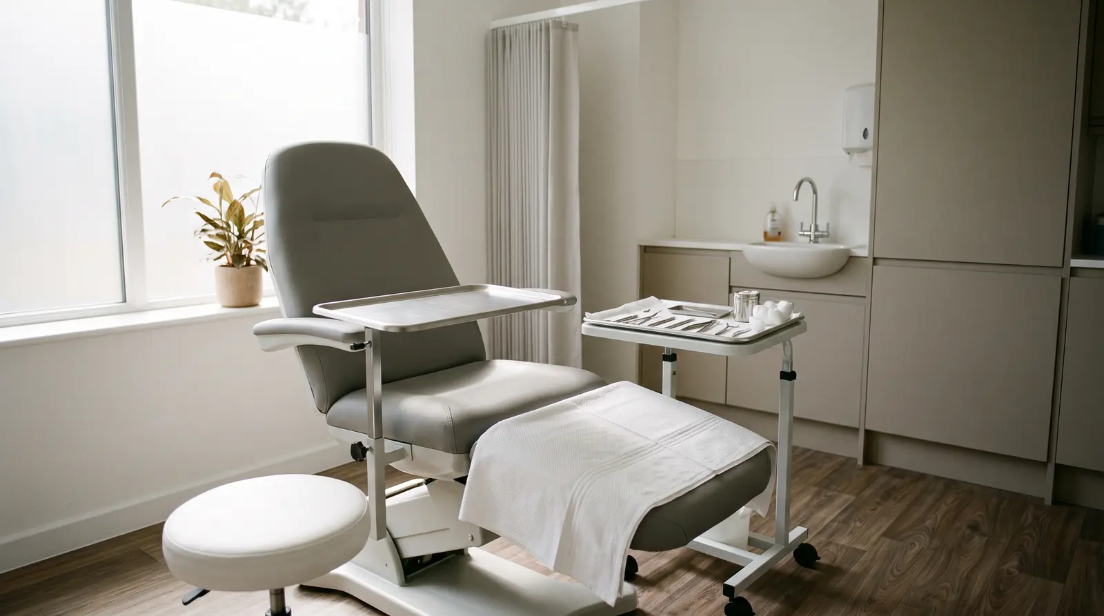 A podiatrist preparing a treatment chair and instruments in a tidy clinic room