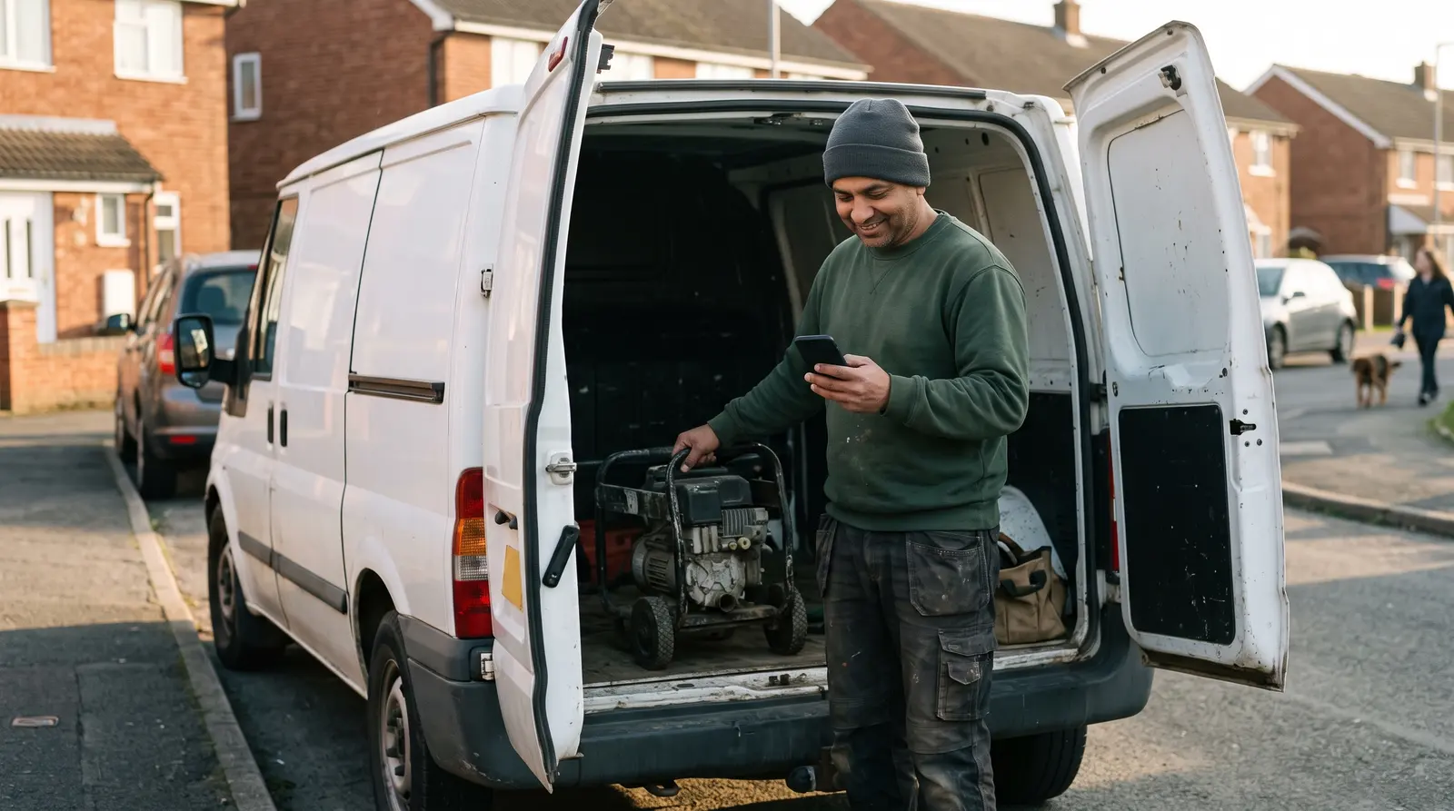 A pressure-washing operator in his van between jobs checking his phone with a coffee, screen not visible