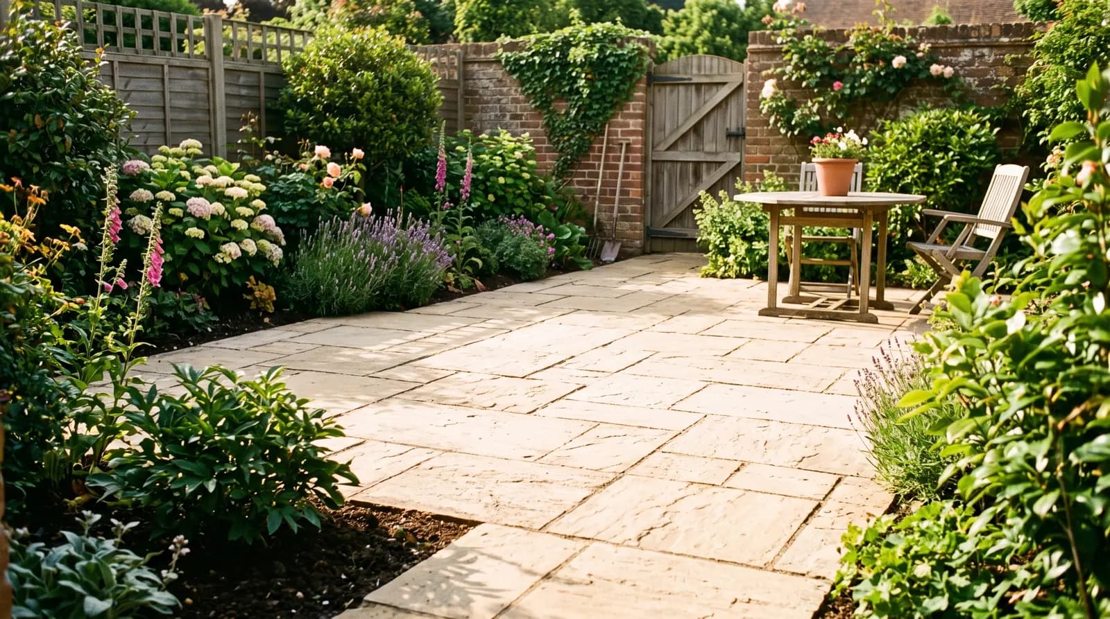 A freshly cleaned patio and path, the stone bright and even in the light, nobody in the picture