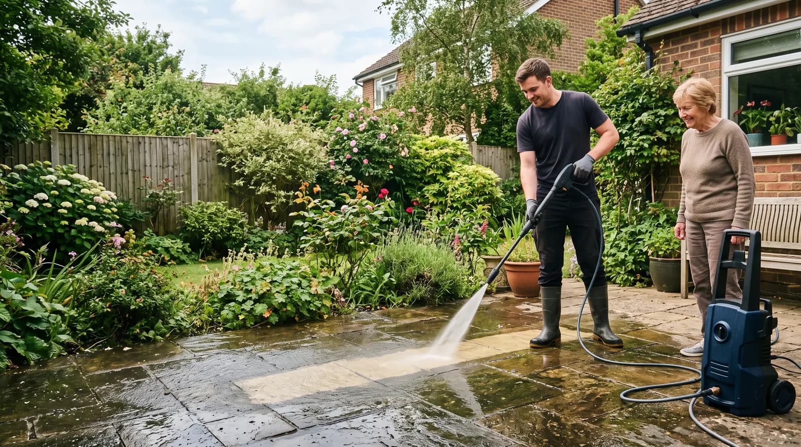 A worker pressure washing a patio in a UK back garden, a clean stripe opening up behind the lance