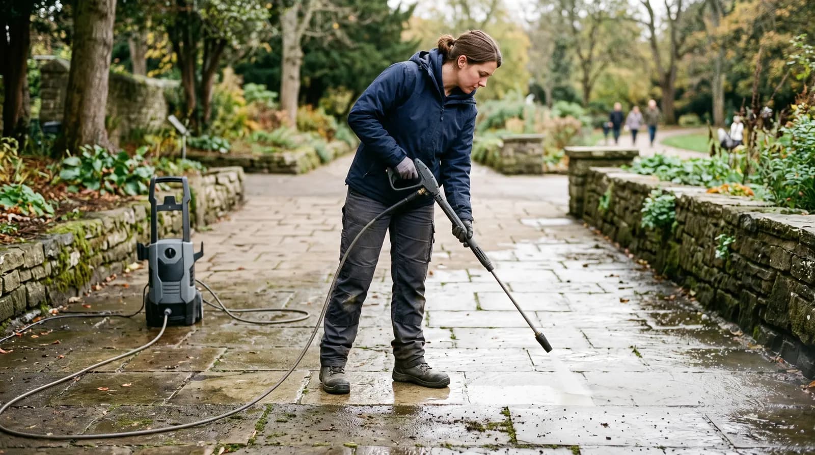 A worker pressure washing green algae off a paved path, the clean line clear against the grime