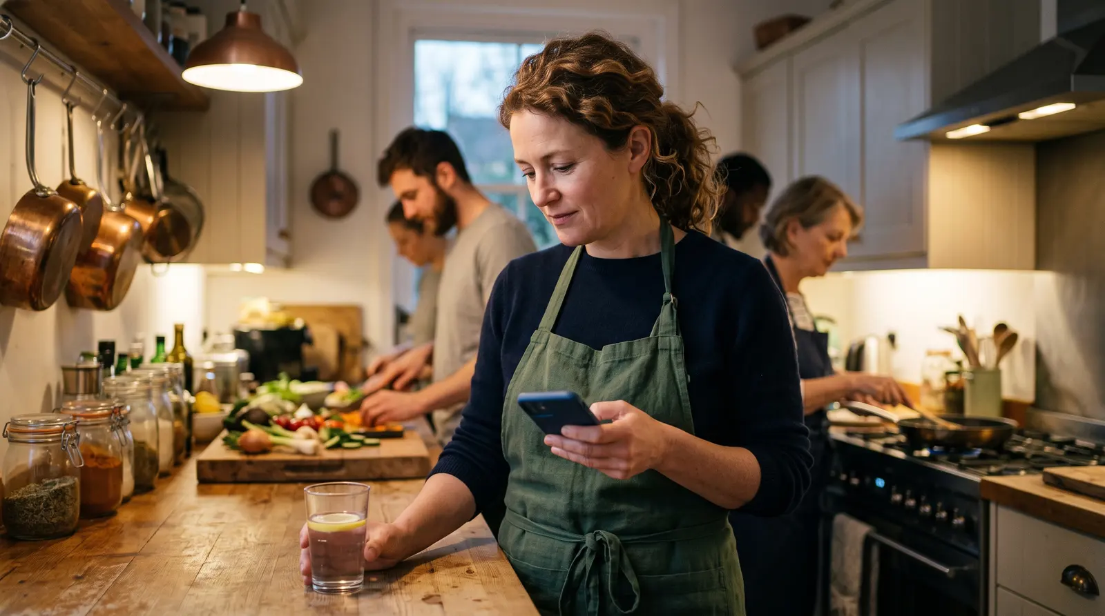 A private chef planning a menu on a laptop at home with a coffee