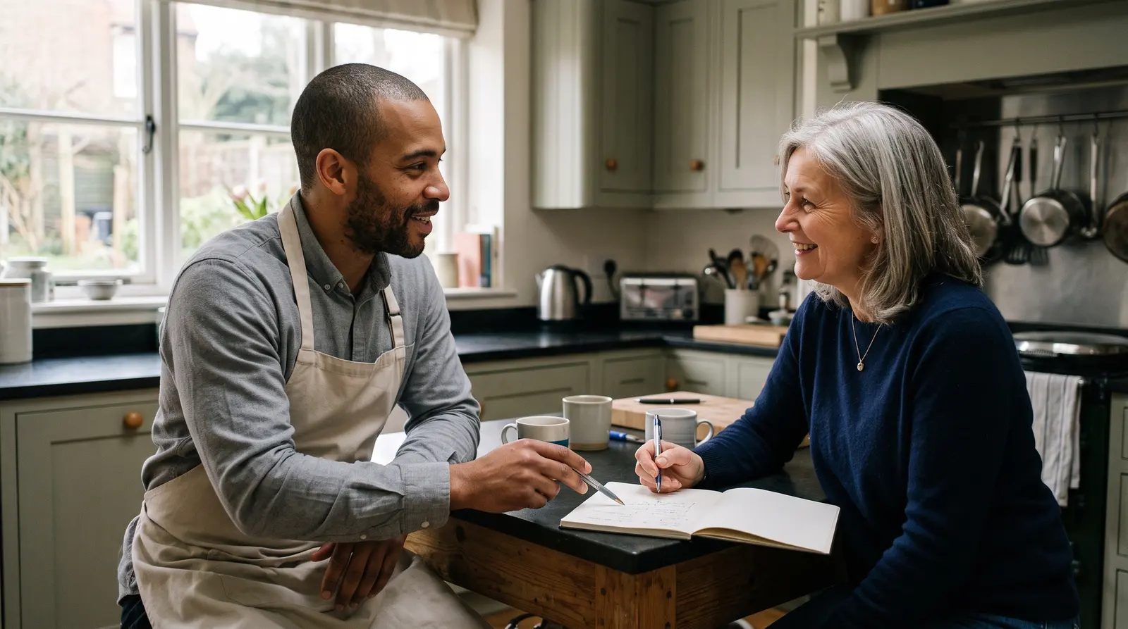 A private chef talking with a client at a kitchen island about a dinner menu