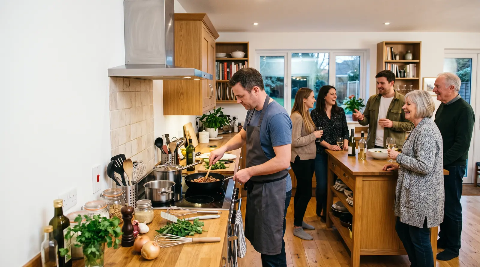 A private chef cooking at the hob in a client home kitchen while guests chat behind