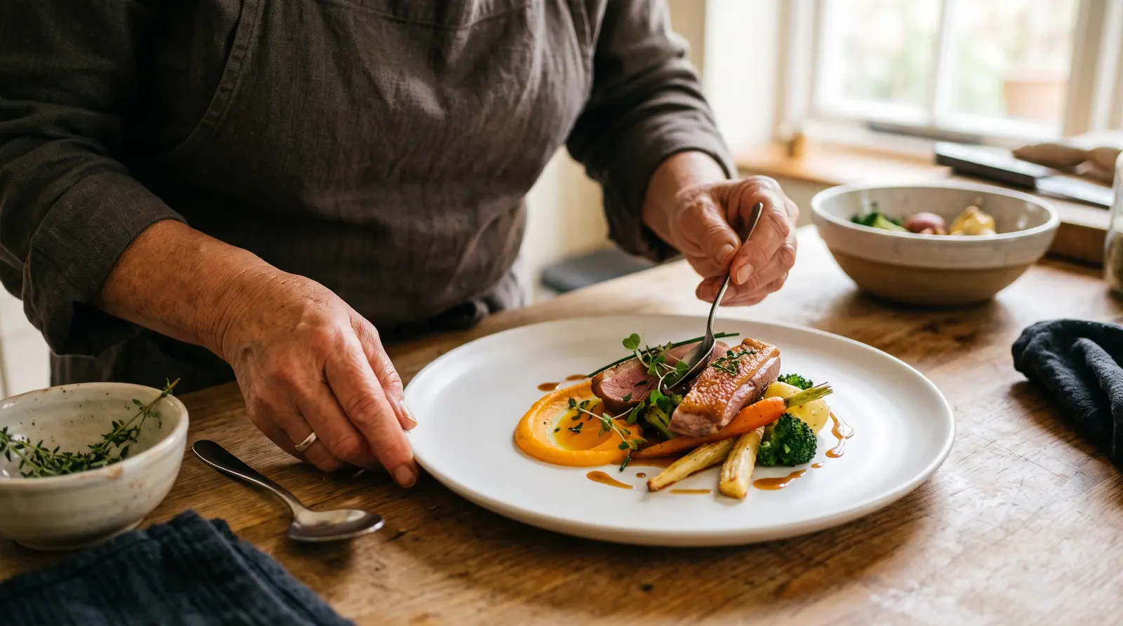 A private chef plating a dish at a kitchen counter