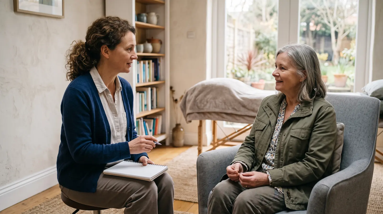 A reflexologist talking through an assessment with a new client before a treatment