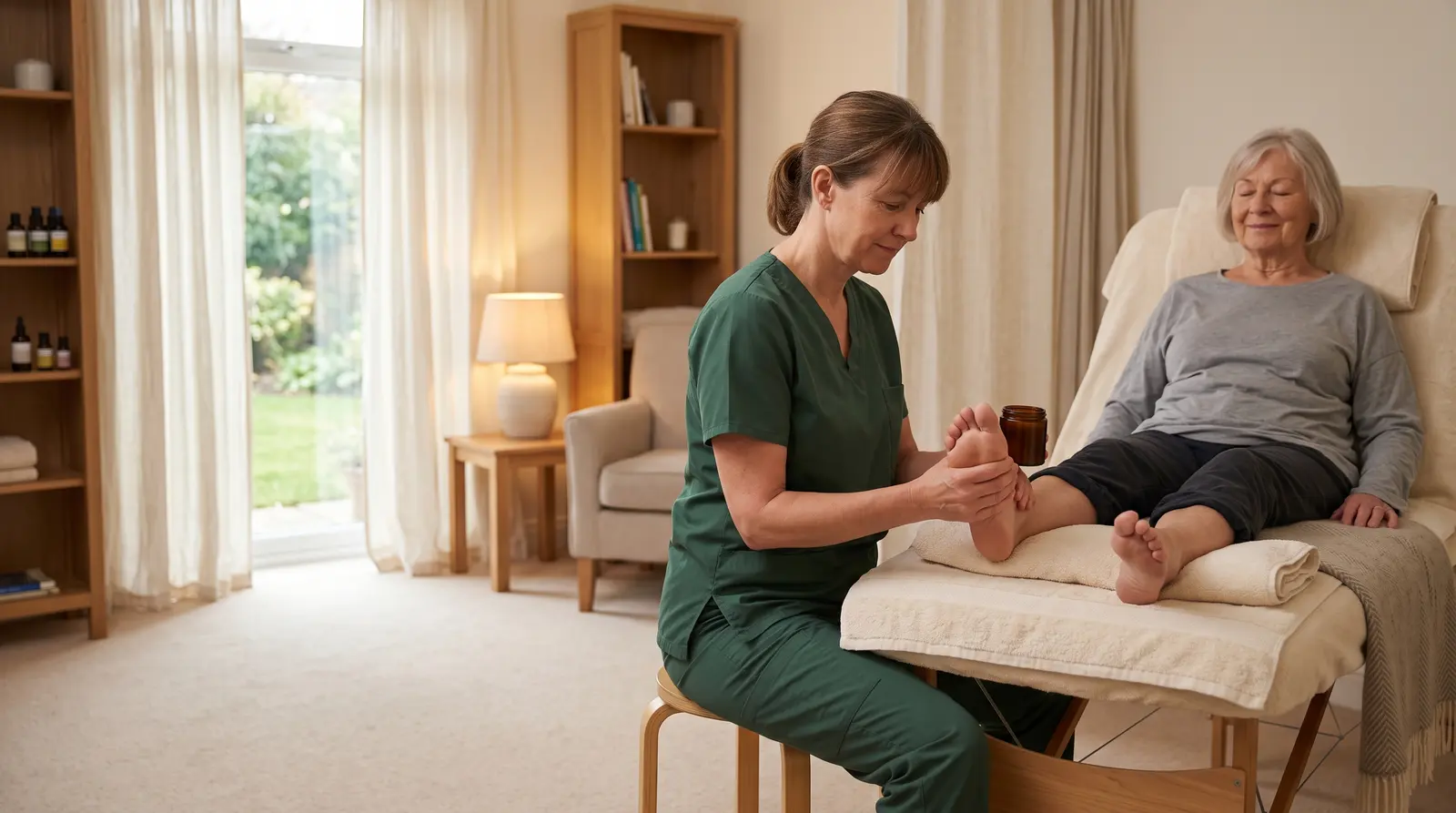 A reflexologist working gently on a client’s foot on a treatment couch in a calm, warm room