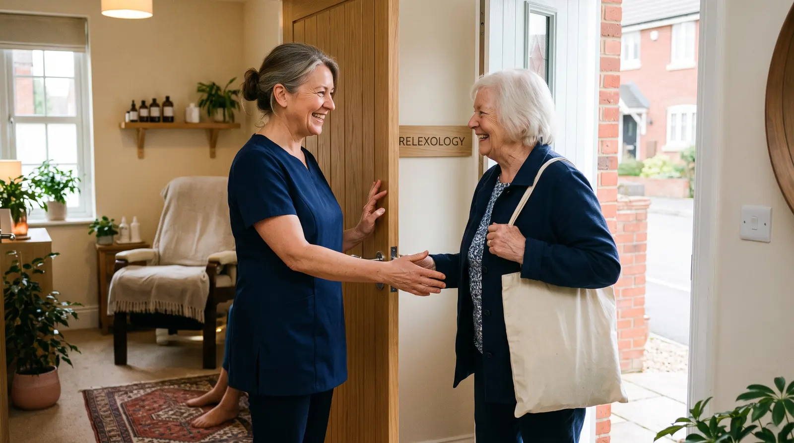 A reflexologist welcoming a returning client into a calm treatment room