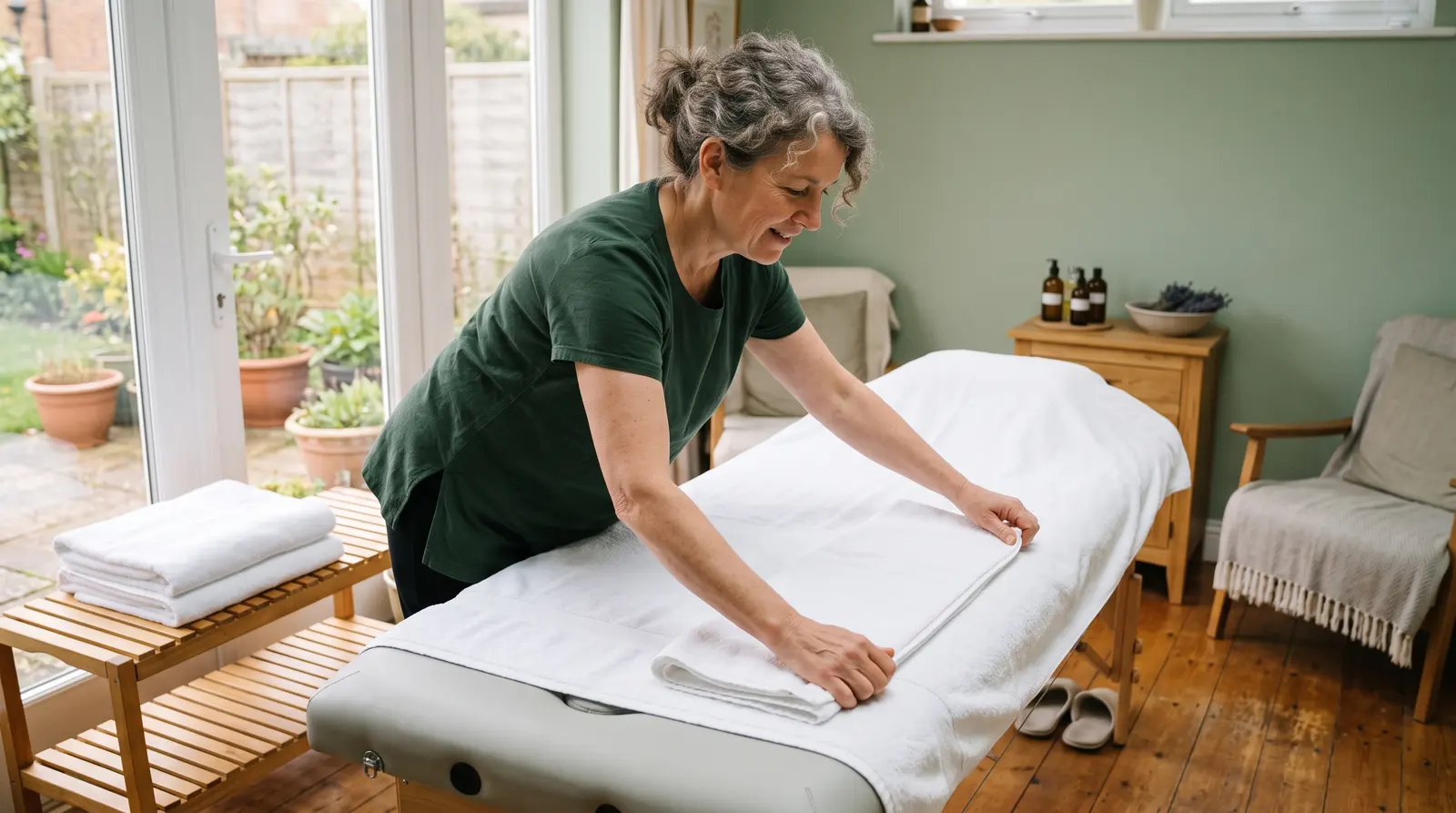 A reflexologist preparing a calm treatment room with a couch and soft light