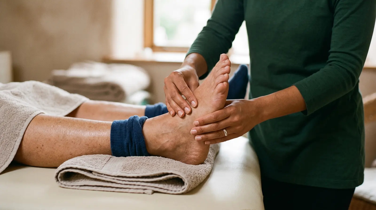 A reflexologist pressing a point on a client’s foot in a serene treatment room