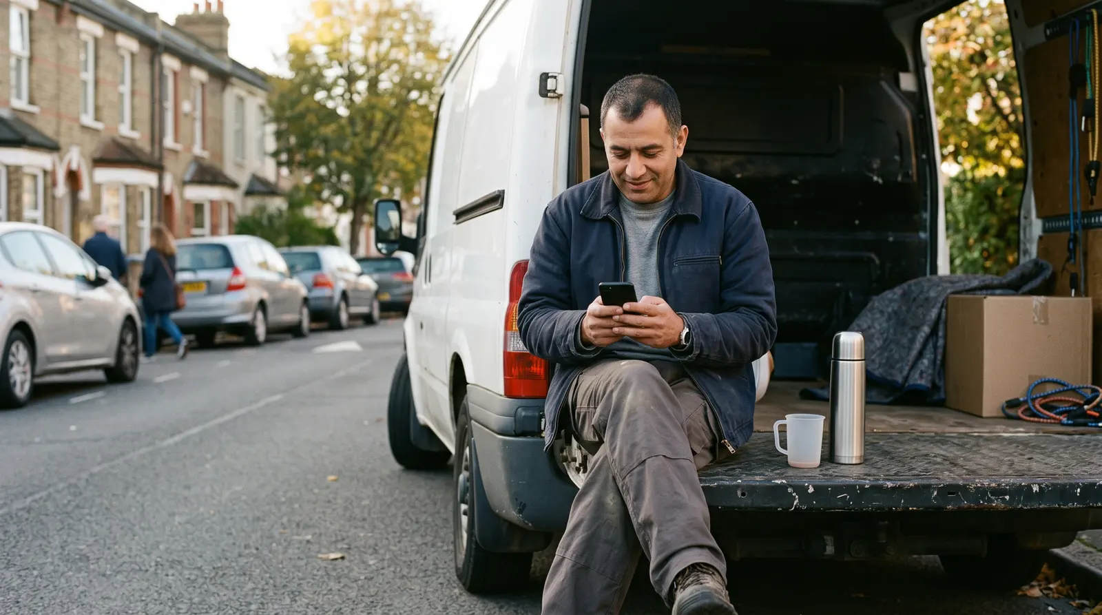 A remover in the cab of the van between jobs checking his phone with a coffee, screen not visible