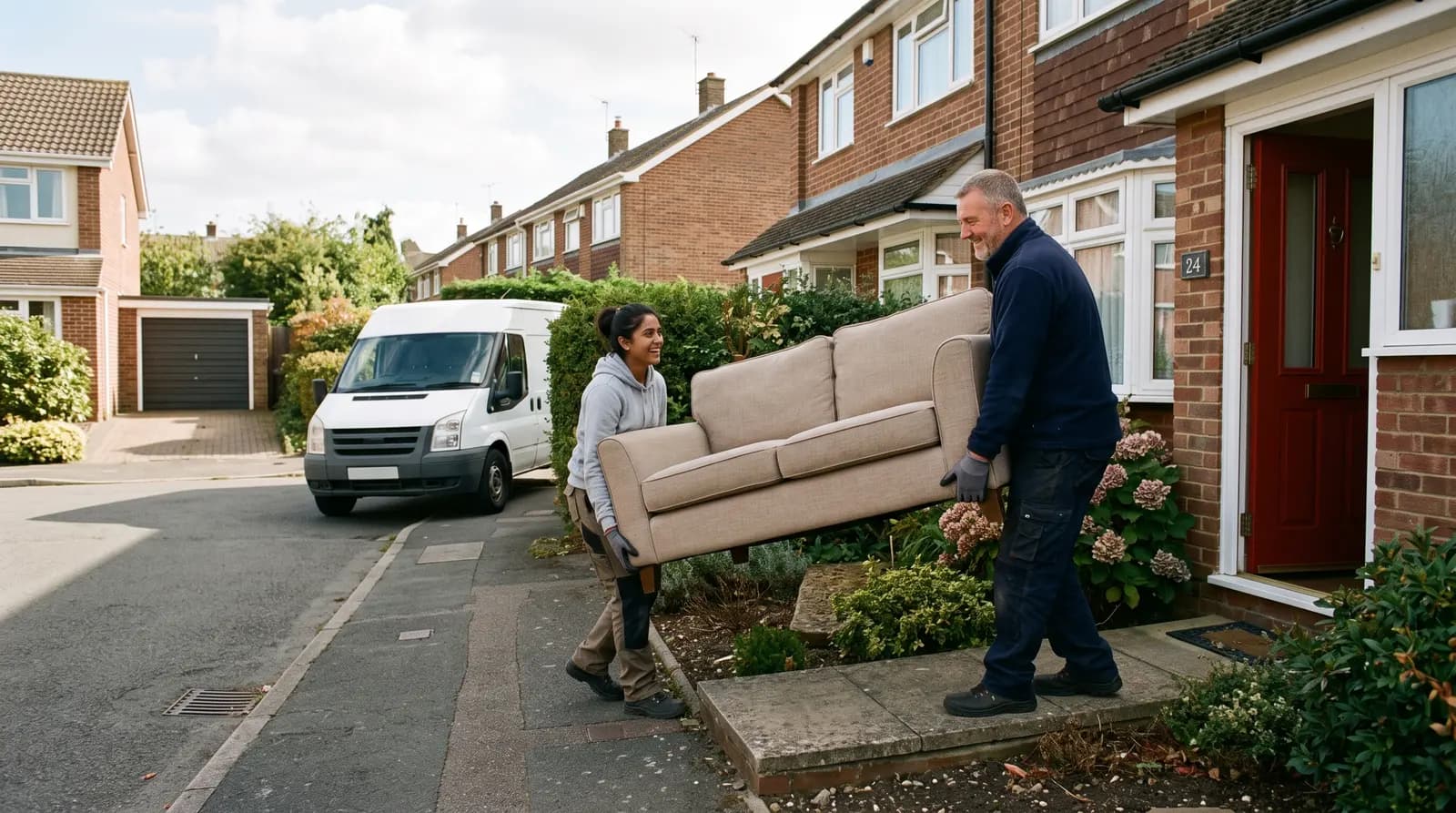 A removals team carrying boxes from a UK house to a van on moving day, calm and organised