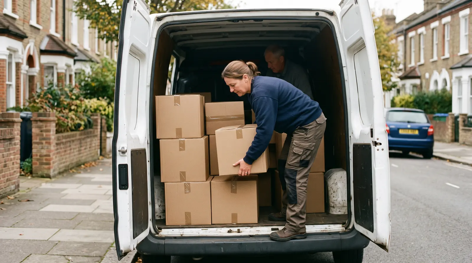 Two removers wrapping and carrying furniture out of a house on moving day