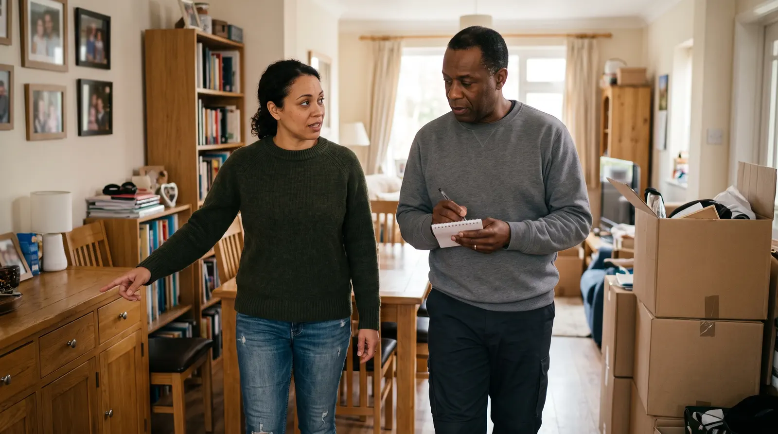 A remover talking with a homeowner in a hallway, looking over the rooms and making notes on a plain pad