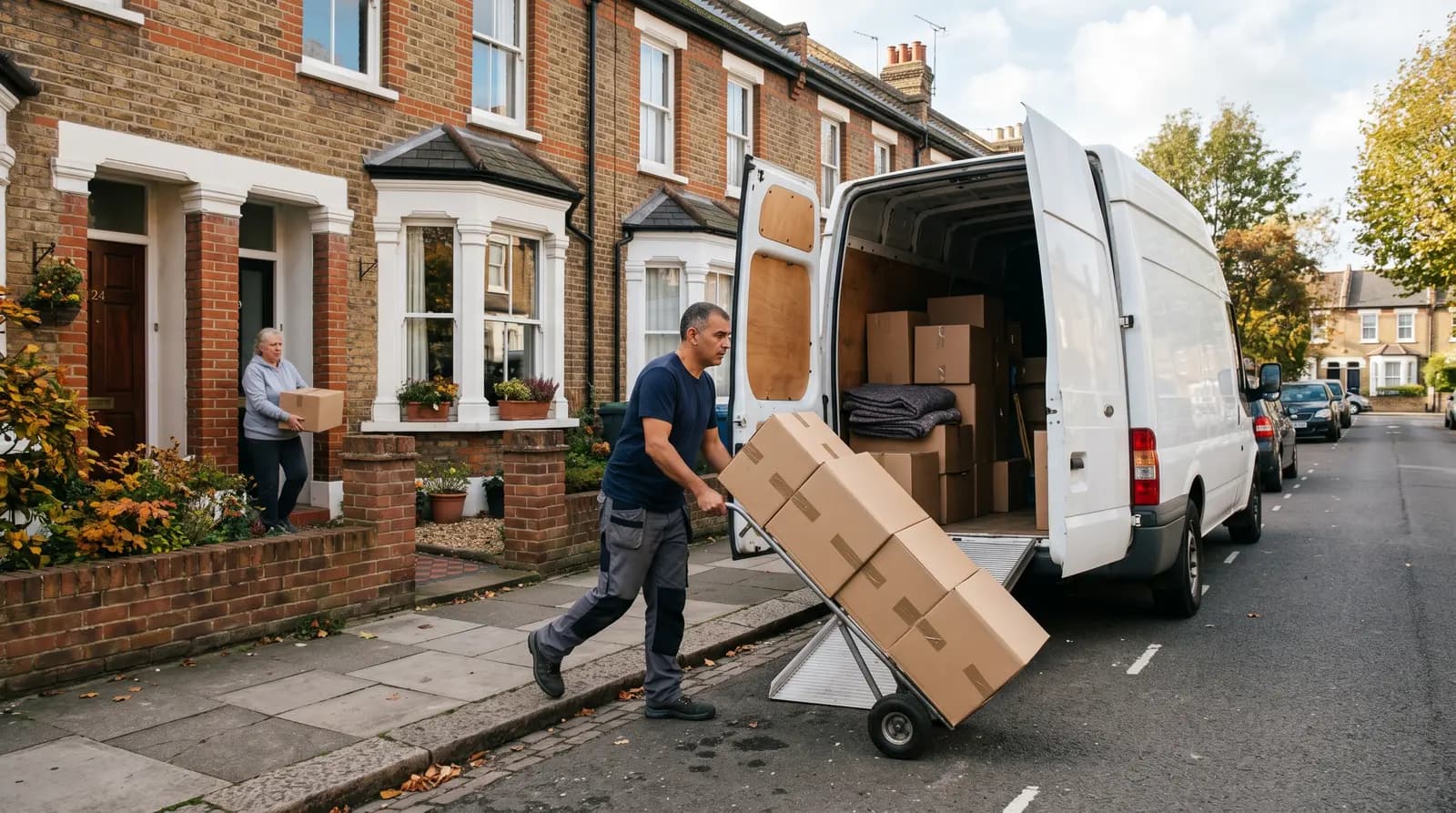 A plain white removals van with its back doors open, loaded neatly with boxes and wrapped furniture
