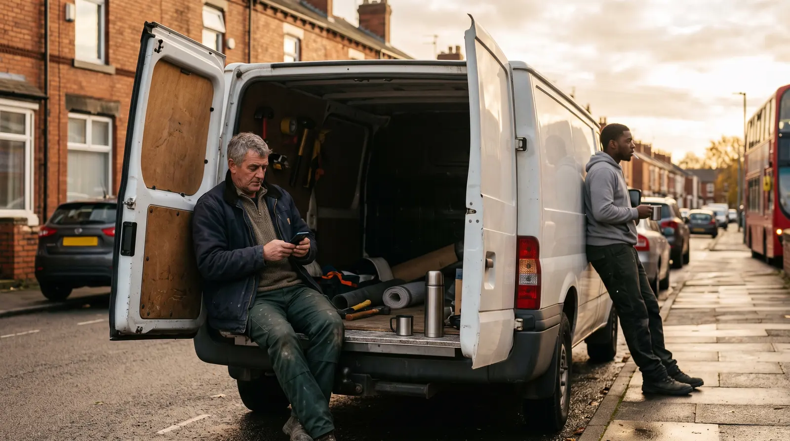 A roofer in his van between jobs checking his phone with a coffee, screen not visible