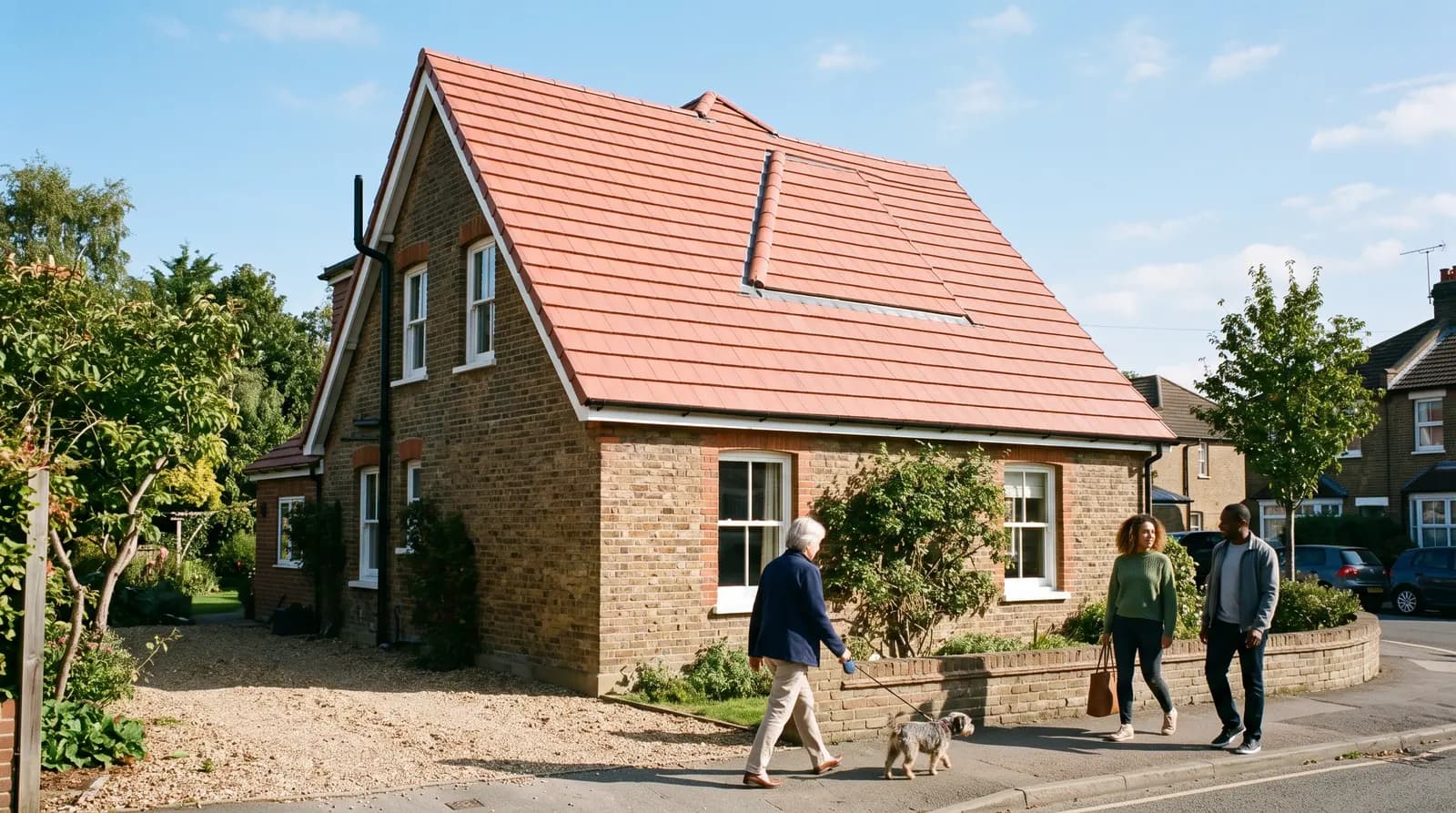 A neatly re-tiled pitched roof with straight courses and a fresh ridge line catching the light, nobody in the picture