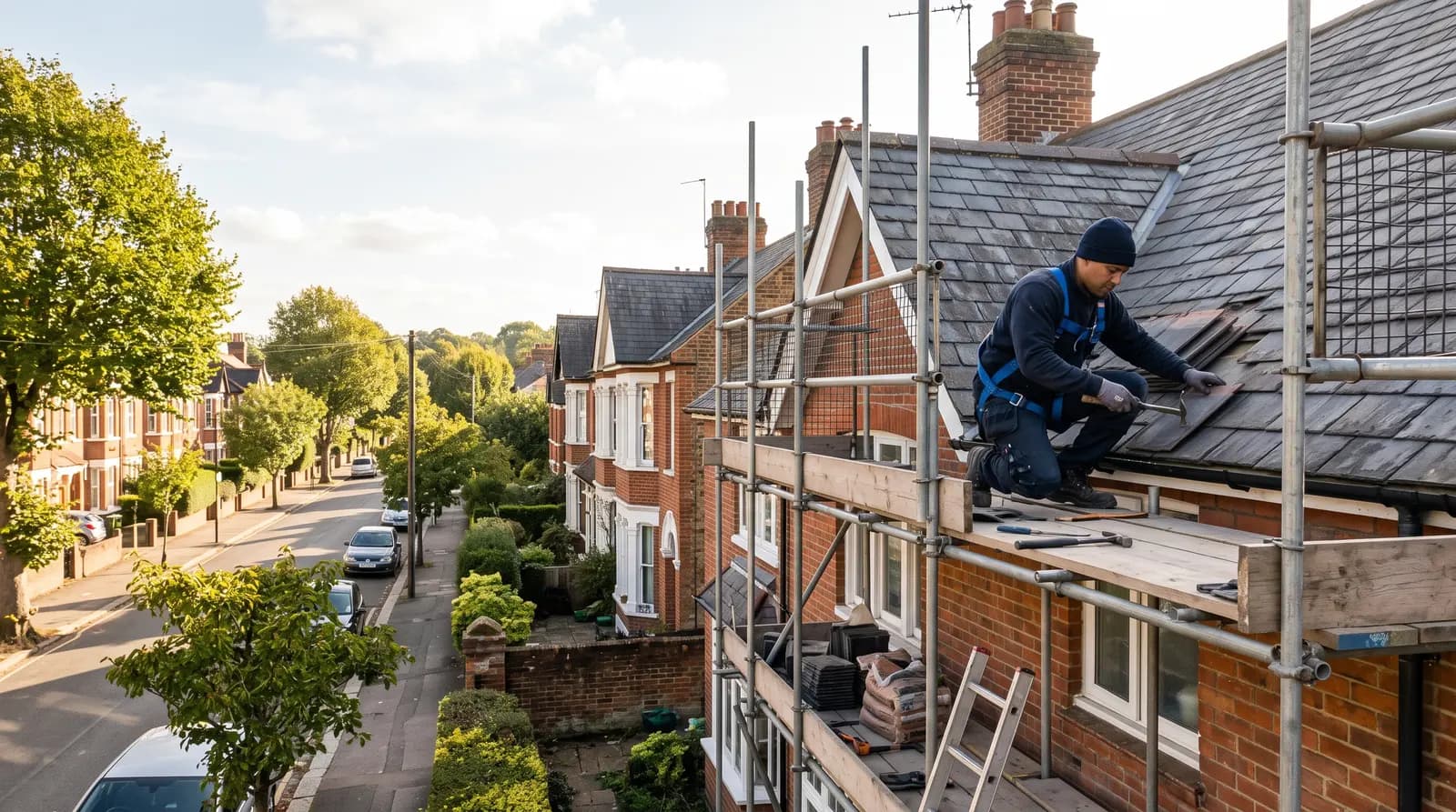 A roofer re-bedding ridge tiles on a pitched UK house roof from a scaffold on a clear day, calm and methodical