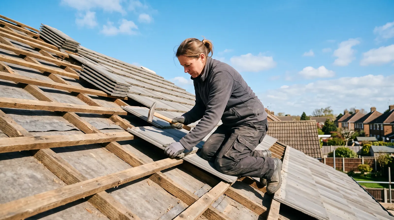 A roofer fitting fresh lead flashing where a roof meets a chimney, working carefully along the join