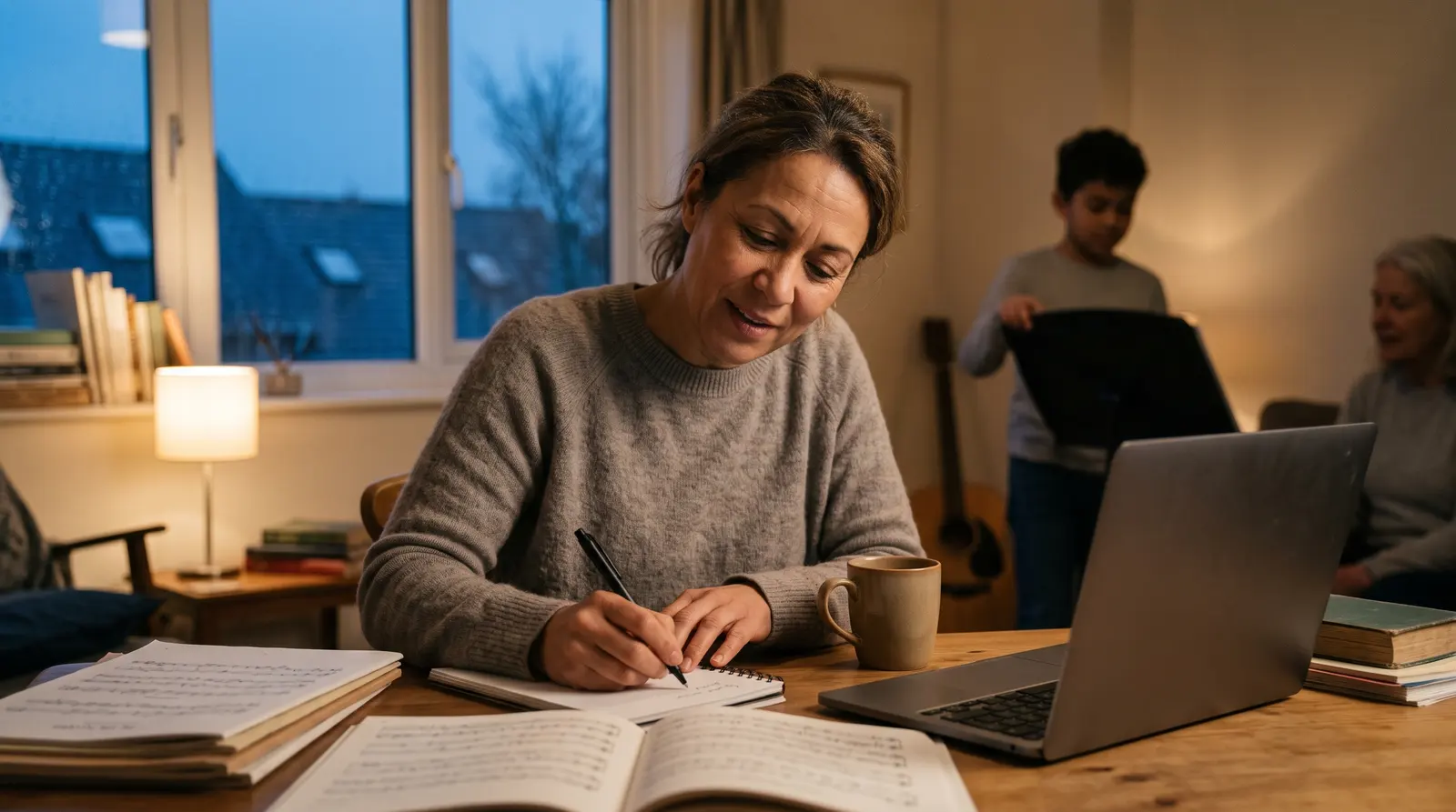 A singing teacher at a desk in the evening planning the week with a cup of tea, screen angled away