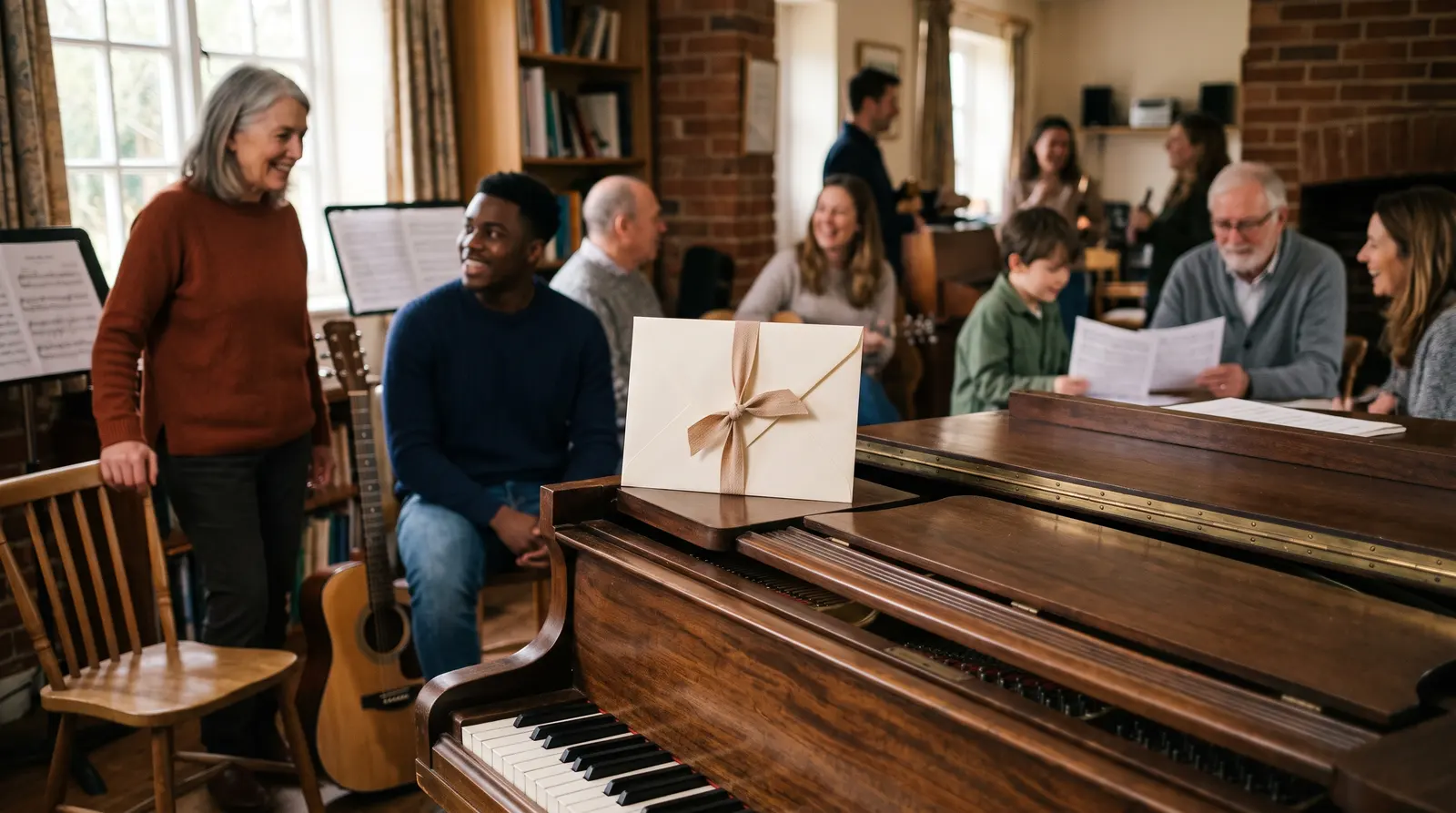 A cream gift envelope tied with a ribbon resting on a closed piano lid