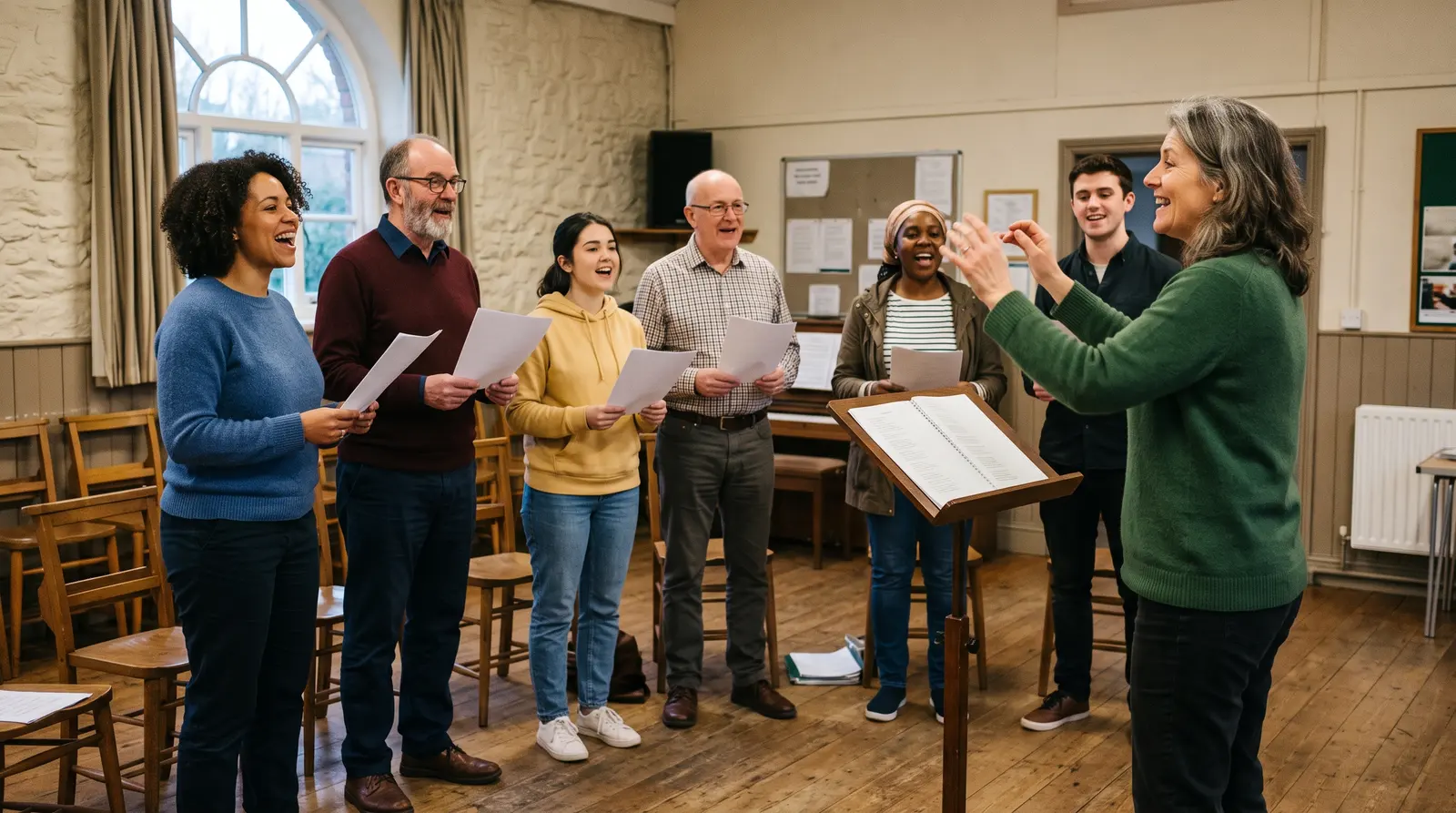 A singing teacher leading a small group of singers in a bright hall