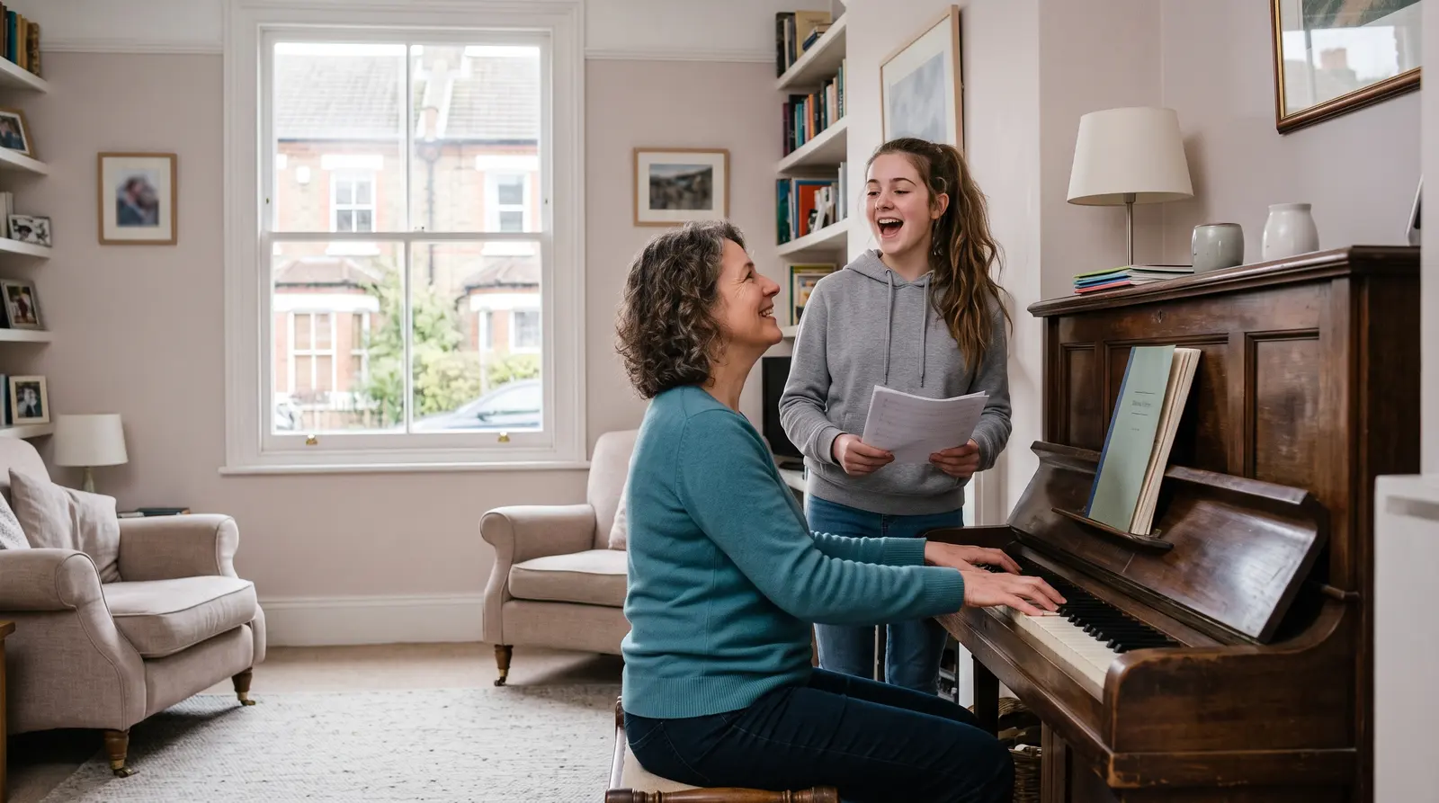 A singing teacher at a piano guiding a student who is singing in a bright front room