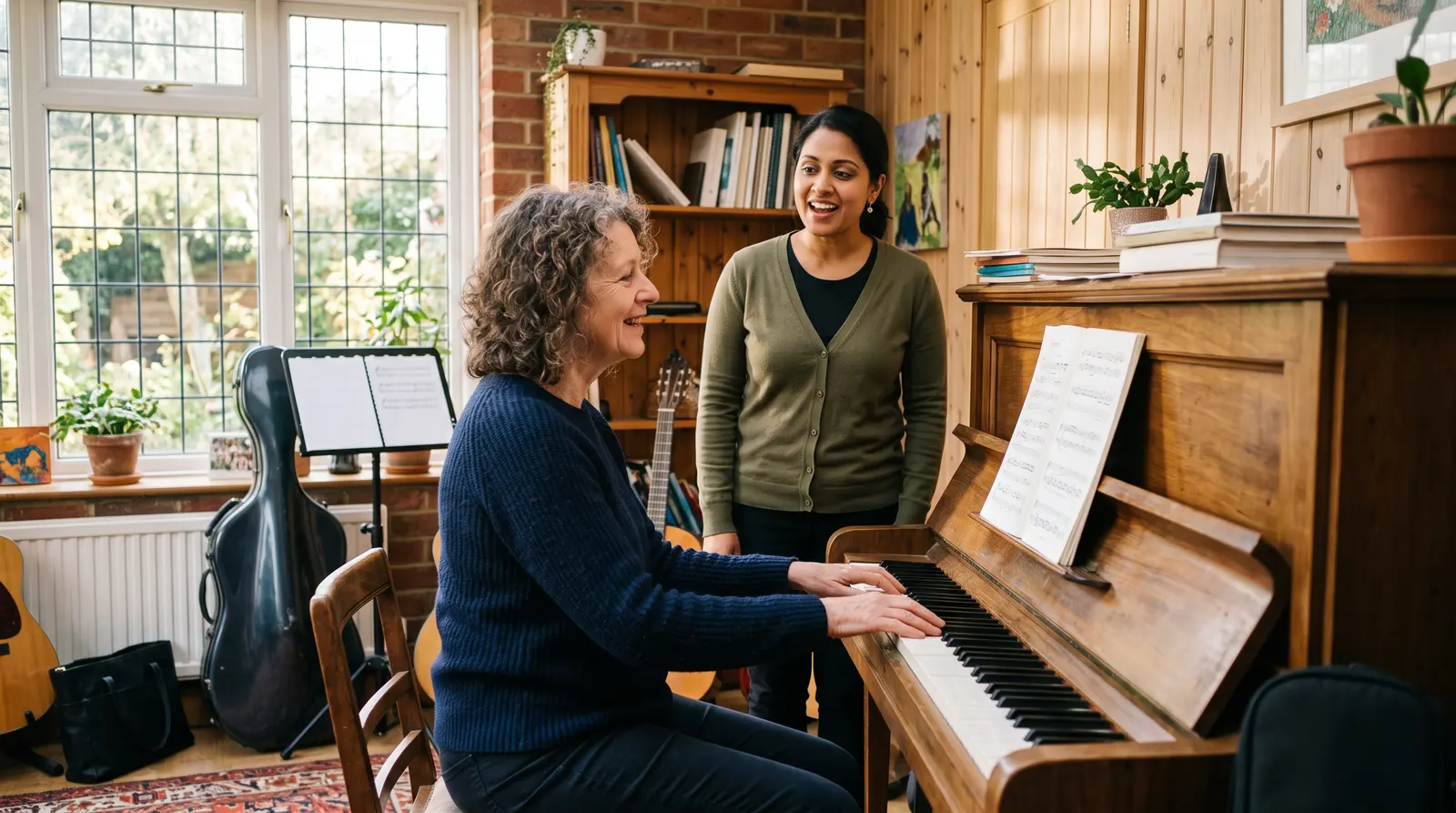 A singing teacher playing a piano while a teenage student sings beside her, warm light