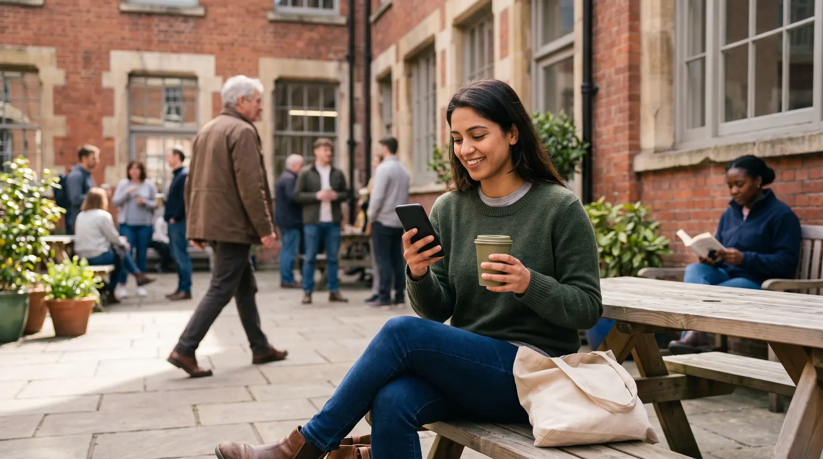 A social media manager checking her phone on a break with a coffee