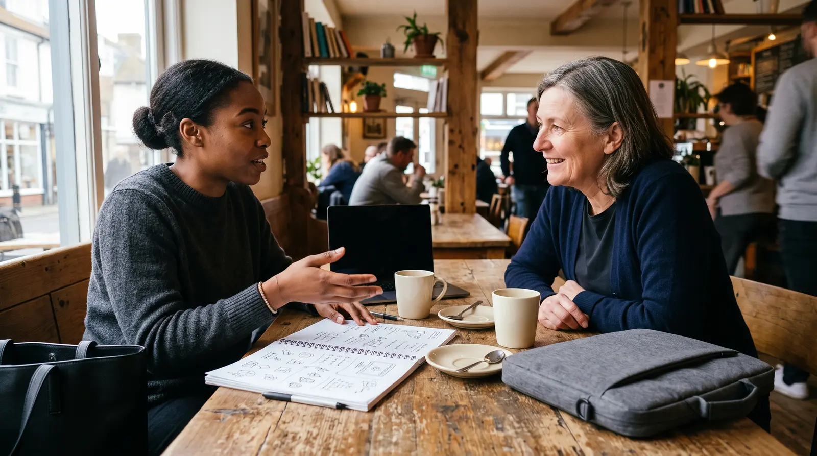 A social media manager on a friendly video call talking through a plan, the screen angled away