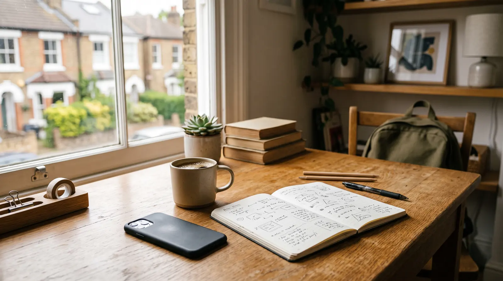 A social media manager scheduling content at a tidy desk, a phone and laptop in view