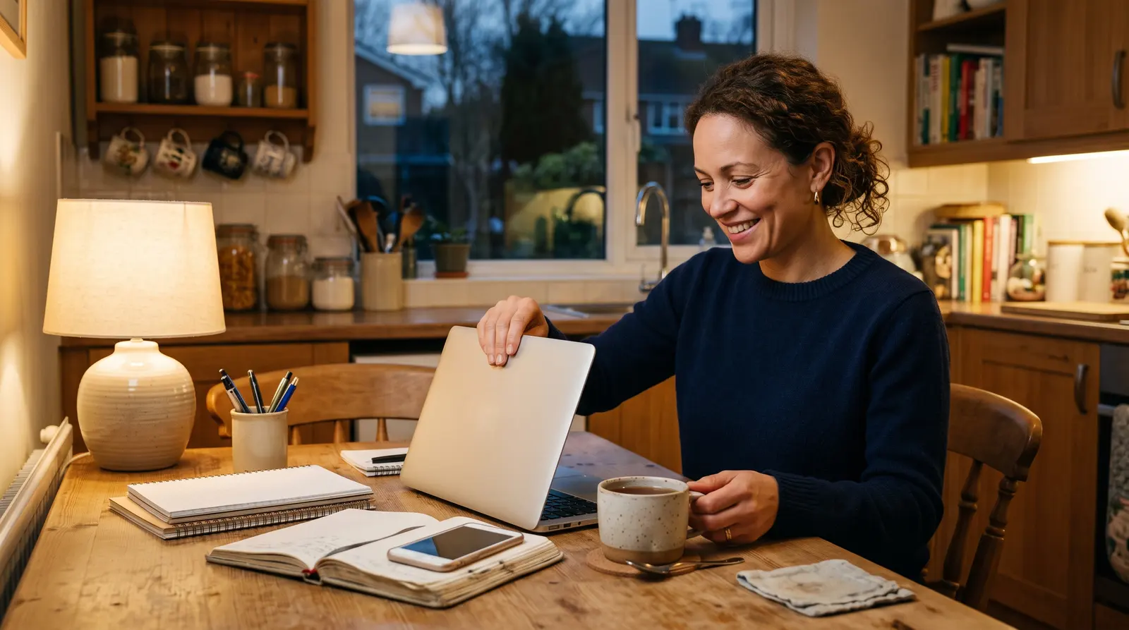 A woman at her kitchen table in the evening closing her laptop with a satisfied smile