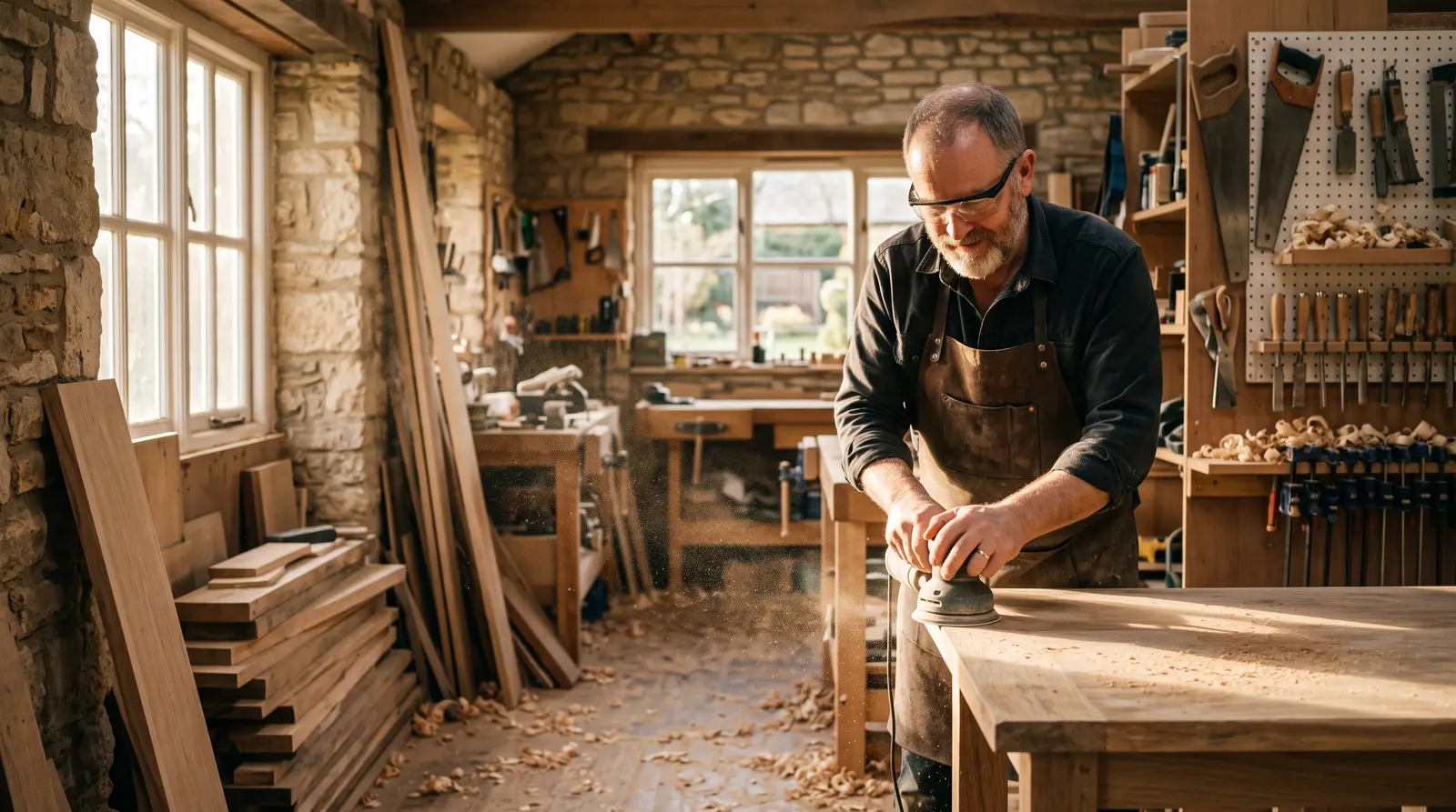 A carpenter sanding a solid wood table top in his workshop