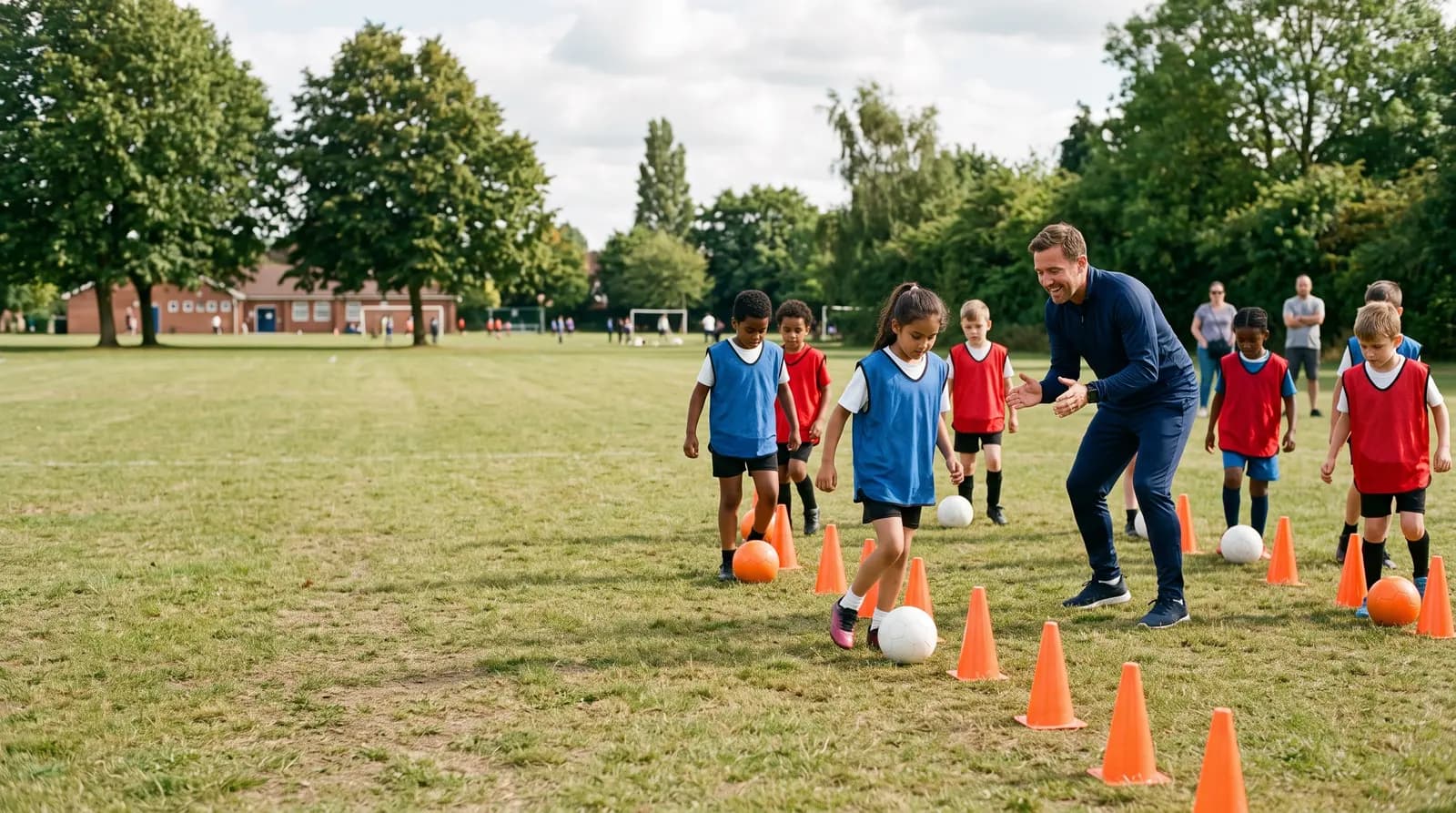 A sports coach taking a group of young players through a drill