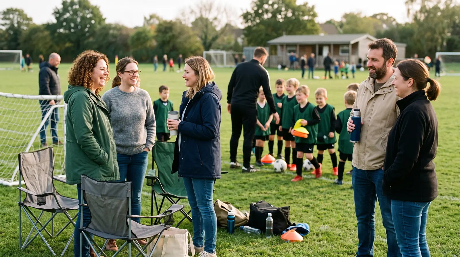 A coach talking with parents at the side of a pitch