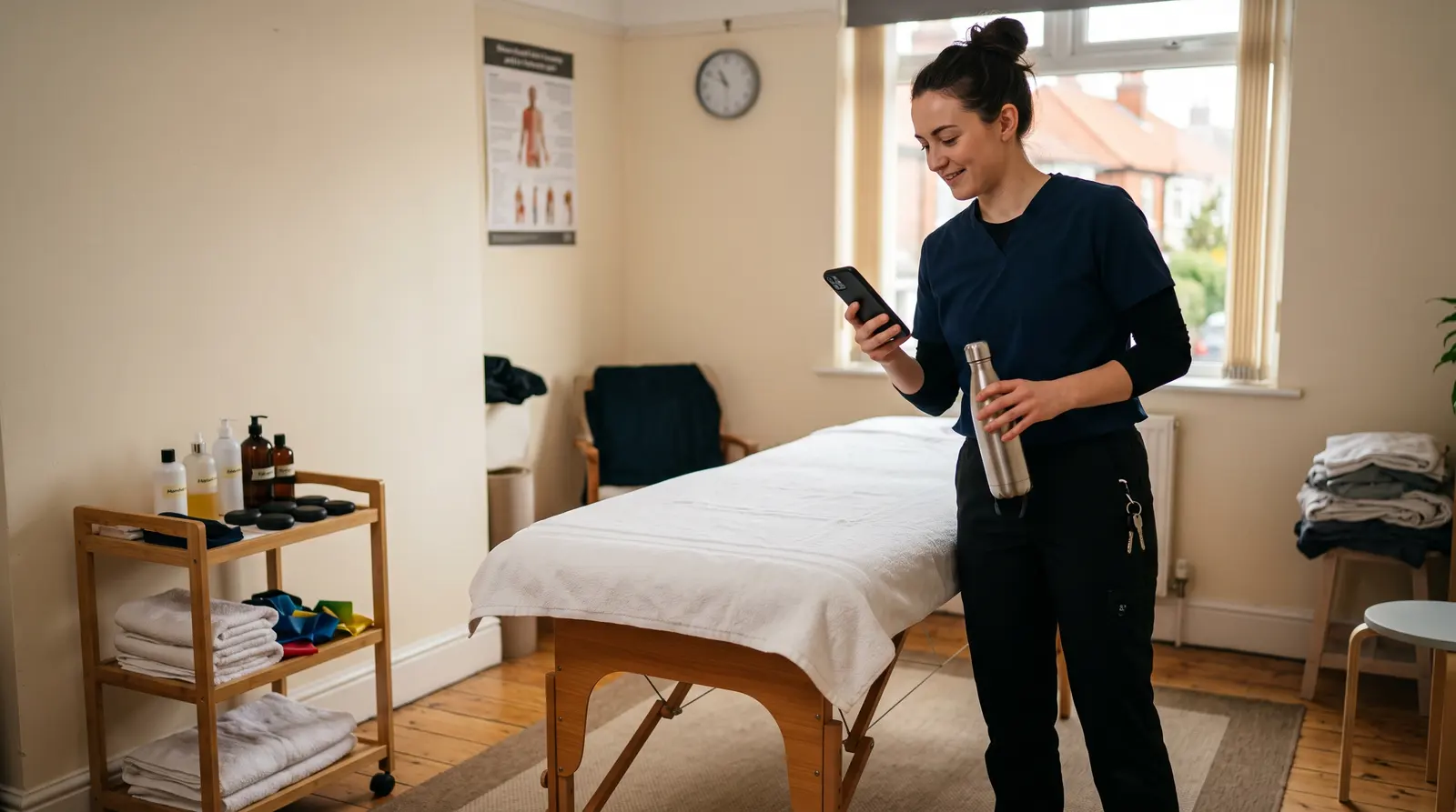 A sports massage therapist at a small desk between clients, checking the phone